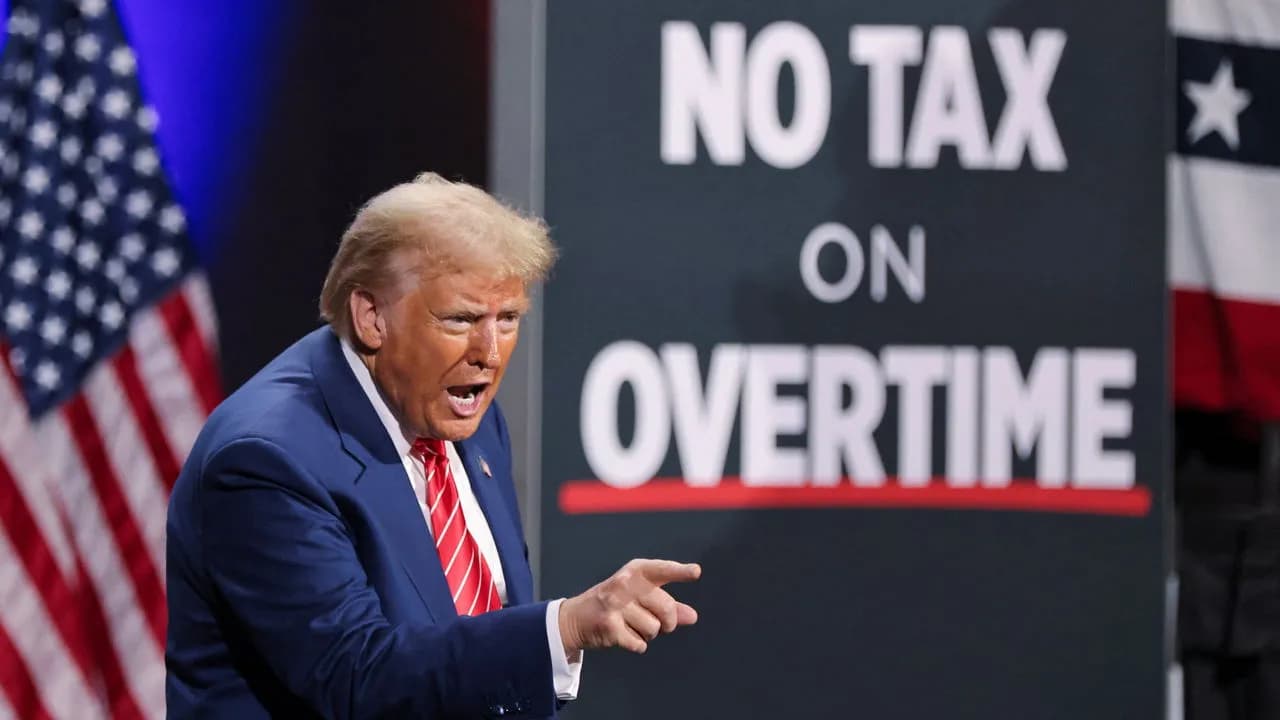 Donald Trump standing at a podium discussing tax policy reforms that impact IRS debt relief programs